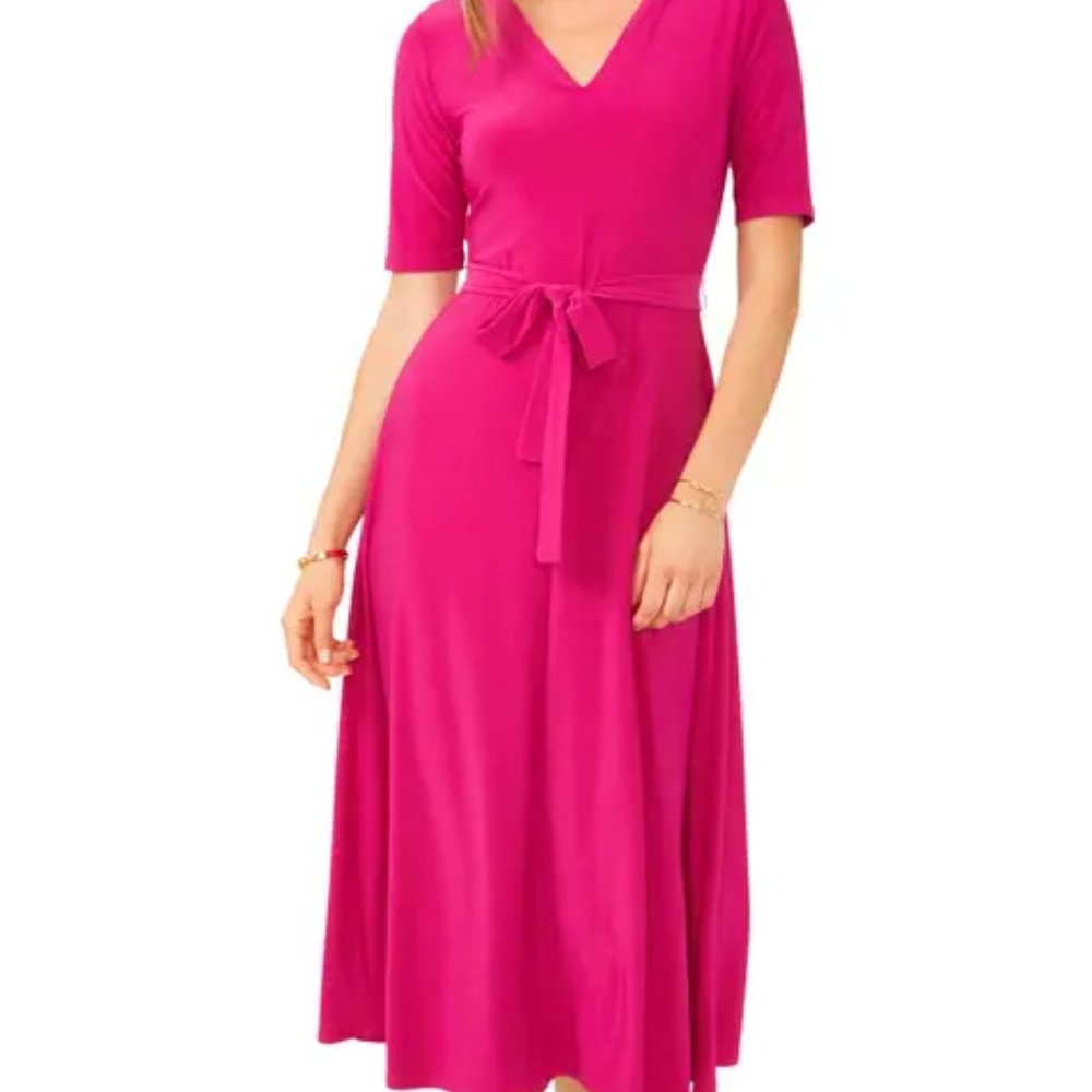 NWT!! CHAUS Fuchsia Pink V-Neck Tie Belt Fit Flare Midi Dress Sz L